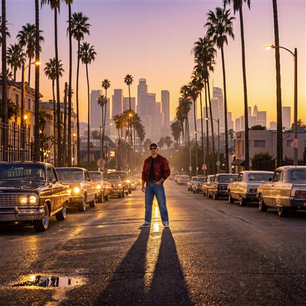 K-So at sunset on a street lined with lowriders